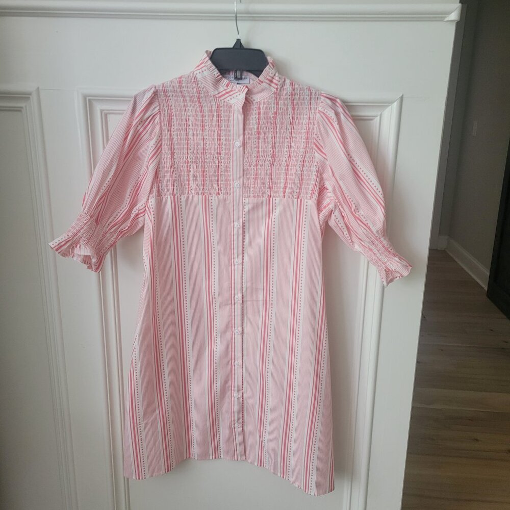 Taylor Tillman Aubrey Smocked Puff Sleeve Shirt Pink Dress Button Down Med NWT